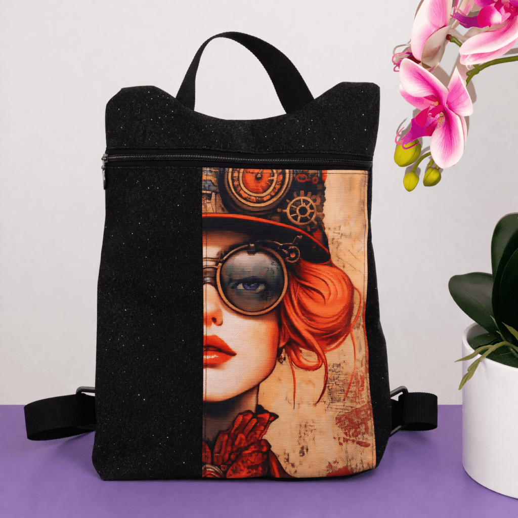 Zaino da donna fatto a mano in tessuto glitter nero con stampa steampunk vintage, accessorio handmade Momaga, unico e originale per lavoro, tempo libero e outfit creativi.